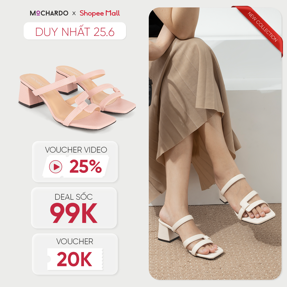 Dép Nữ Cao Gót Vuông MOCHARDO MC.48 Quai Ngang Cách Điệu 5cm